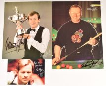 Three snooker related autographed photos signed by Dennis Taylor, Steve Davis and Alex Higgins.