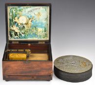 Late 19thC Polyphon disc musical box, made in Leipzig, Germany, housed in a walnut box, with