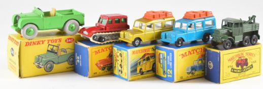 Five Matchbox and Dinky diecast model cars comprising Matchbox Safari Land Rover 12, Superfast