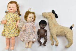 Three Pedigree composite dolls including one Rosebud together with a straw filled dog with squeaker,