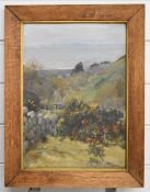 Agnes Hilda Coates (1877-1957) oil on board landscape with sea beyond 'No 2 Down to the Sea', titled