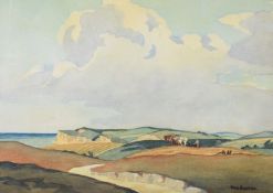 Eric Slater (1896-1963) watercolour of horse drawn ploughing, cliffs and seascape, signed lower