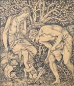Edward Coley Burne-Jones (1833-1898) woodcut featuring Adam and Eve, 44 x 32cm, in black frame