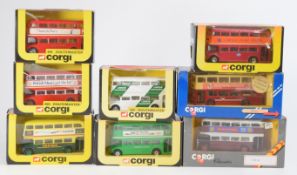 Eight Corgi diecast model buses to include Routemaster British Meat advertising 469, Routemaster