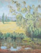 Cleave oil on board Lechlade, Gloucestershire landscape, with label verso, 35 x 45cm, in part gilt