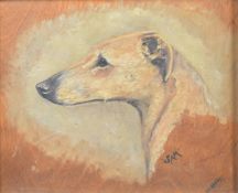 V E Mandy oil on panel portrait of a dog 'Sam', signed titled and dated 30 lower right, 24.5 x 30cm,