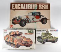 Airfix, Tamiya and similar plastic model kits comprising Bandai 1/12 Excalibur SSK car, HYa M3