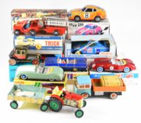 Ten Chinese and Japanese tinplate toys including Fire Truck, Lancia Stratos, MF 207 Convertible
