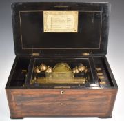 19thC Swiss bells and drum in view musical box playing six airs on a 23cm cylinder with six bells