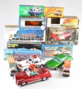 Eight assorted friction and battery operated tinplate and similar vehicles including Benz 300 Sel
