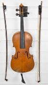 Laurentius Storioni copy two piece back violin, manufactured in Berlin, length of back 36.5cm,
