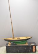 Vintage pond yacht, in wooden travelling case with vintage railway labels, length of case 125cm