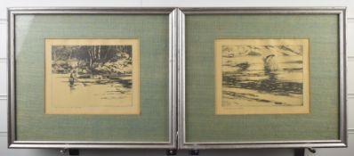 Norman Wilkinson (British 1878-1971) pair of signed etchings 'A Fresh Run Fish' and 'Trout Fishing