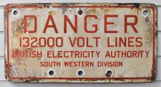 Vintage enamel Danger sign for the British Electricity Authority, 30 x 61cm