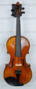Beijing Xian Meng violin with 35.6cm two piece back, spruce top, maple sides and backs, ebony