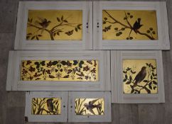 Aesthetic painted wooden panels with gilt, floral and bird decoration, longest 70 x 28cm