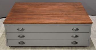 Modern style coffee table or plan chest with three long drawers, W130 x D97 x H36cm