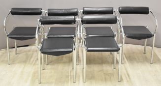 Set of six retro style chrome and black leather or similar chairs