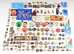 A large collection of badges including enamel French Naval, Olympics, Elizabeth II coronation badge,