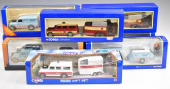 Eight Corgi diecast model Land Rover sets to include Police and Horse Trailer 92450, Transco Road