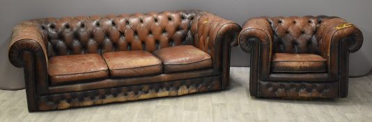 Chesterfield sofa and armchair, in brown leather, length of sofa 210cm