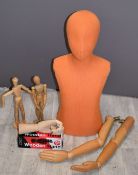 Female mannequin with detachable torso, arms etc, height 190cm, together with two artists lay