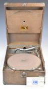 His Master's Voice (HMV) Model 101 portable wind-up gramophone, in brown leatherette covered