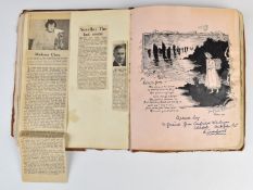 Leather bound scrap book c1911-1940s with cuttings, missives, postcards, drawings and