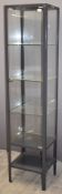 Grey painted framed shop display cabinet with three internal glass shelves, W33.5 x D39.5 x H175cm