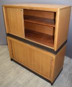 Two Gordon Russell of Broadway light oak tambour fronted cupboards, W120 x  D50 x H70cm