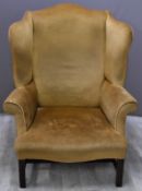19thC upholstered wing back armchair, probably Georgian, W92 x H117cm