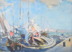 Arthur Henry Knighton-Hammond (1875-1970) watercolour Venice boats alongside a quay, signed lower