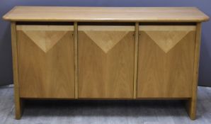 Windmill Furniture London Art Deco style parquetry light oak sideboard with three cupboard doors,