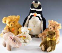 Six Steiff Teddy bears and animals to include Teddybar 33 with blonde mohair and squeaker, Maggy
