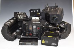 Various disco / concert / karaoke equipment including KAM text beam 300 laser, Zbeam Z s700-LED