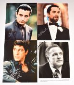 Four autographed 25 x 20cm photos signed by Robert De Niro, Al Pacino, James Caan and Andy Garcia.