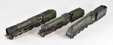 Three 00 gauge model railway steam tender locomotives comprising Hornby A4, Bachmann V2 and kit