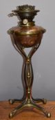 WAS Benson copper and brass oil lamp with reservoir and Hinks No 2 burner, height 50cm