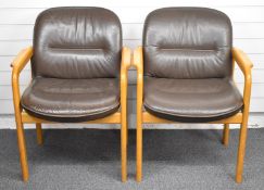 Five Kusch+Co. light oak, leather upholstered armchairs, please note the photograph shows an example