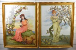 Pair of likely 19thC paintings on glass, one a lady with grape vine and other harvest, the other a