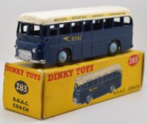 Dinky Toys diecast model BOAC Coach with dark blue body, white roof and pale blue hubs, 283, in