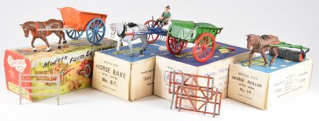 Three diecast model farm vehicles comprising Britains Farm Horse Rake With Driver No.8F, Horse