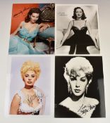 Four autographed celebrity 26 x 20cm photos signed by Sophia Loren, Dorothy Lamour, Rhonda Fleming