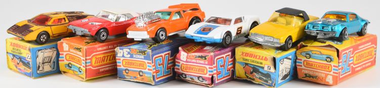 Six Matchbox 75 Superfast diecast model cars comprising Pontiac Firebird x2, Mercedes 350SL, De