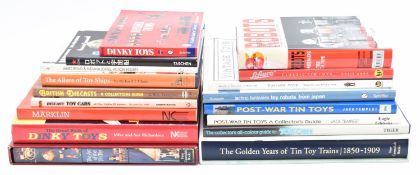 Seventeen toy reference books to include Dinky Toys by Richardson, Golden Years of Tin Toy Trains,