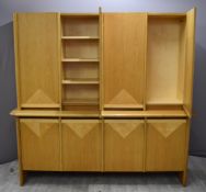 Windmill Furniture London Art Deco style parquetry light oak sideboard with four cupboard doors to