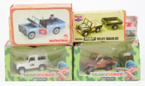 Four vintage diecast model Land Rovers comprising Mattel Mebetoys East Africa Fotosafari, Tri-ang TM
