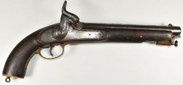 Continental percussion hammer action sea-service type pistol with engraved hammer, brass trigger