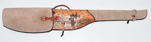 Canvas and embossed leather shotgun or rifle slip with decoration of a stag in a landscape, 129cm