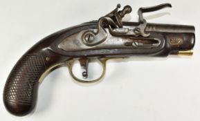 Decorative flintlock hammer action pocket or holster pistol with chequered grip, brass trigger guard